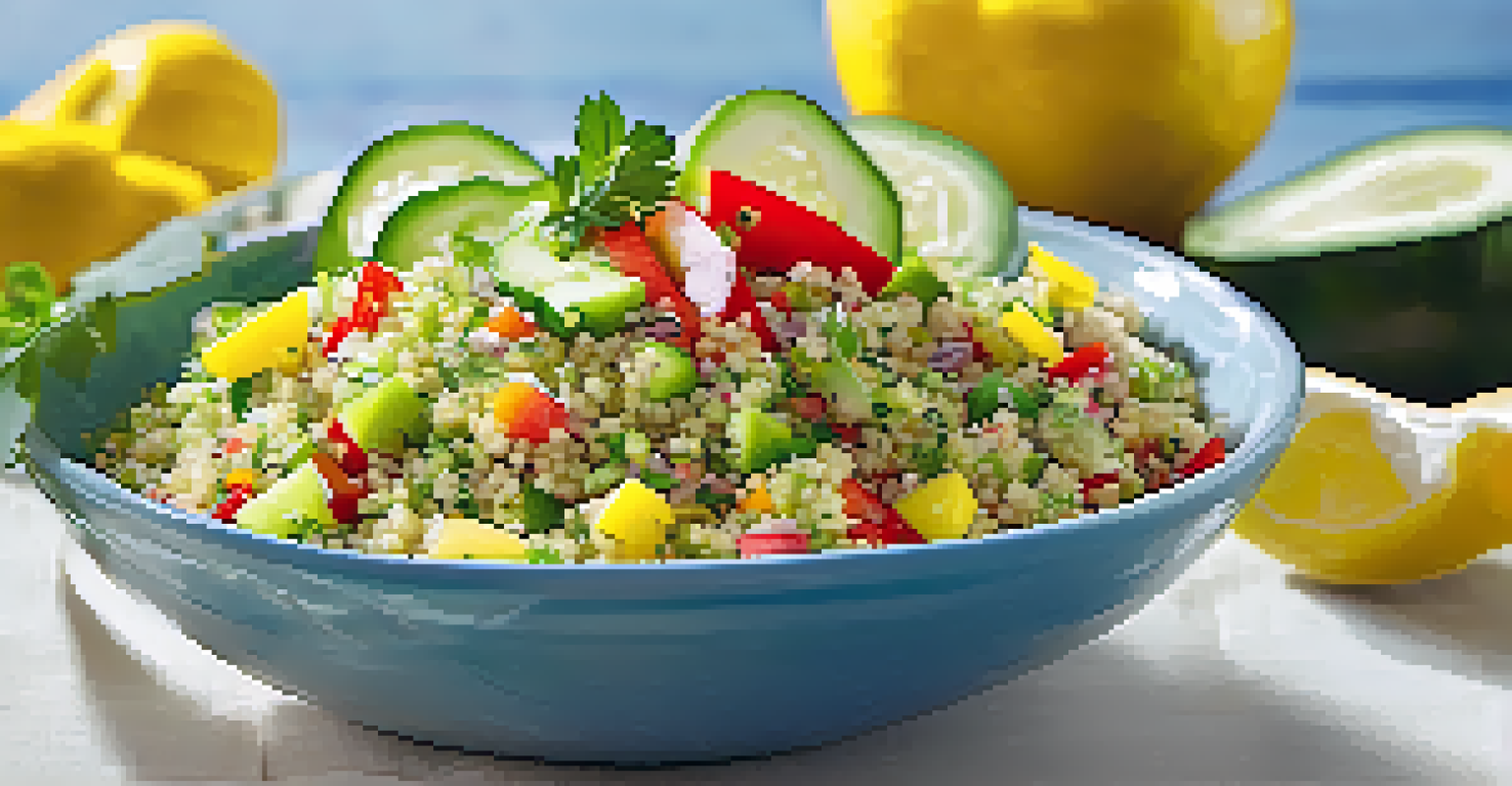 A colorful lemon herb quinoa salad with diced vegetables and lemon wedges in a glass bowl.