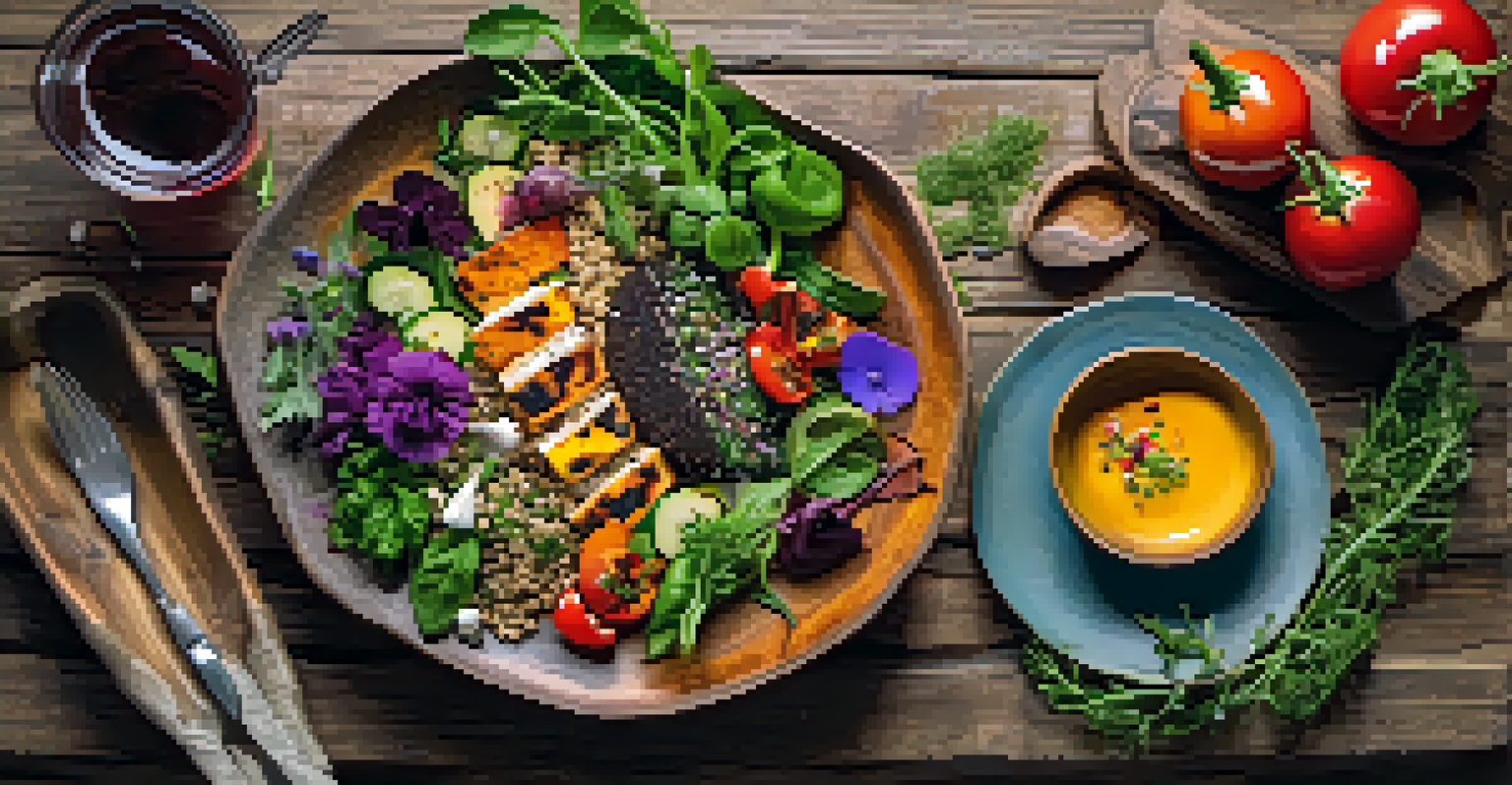 An aesthetically pleasing plate of colorful plant-based dishes on a rustic wooden table.