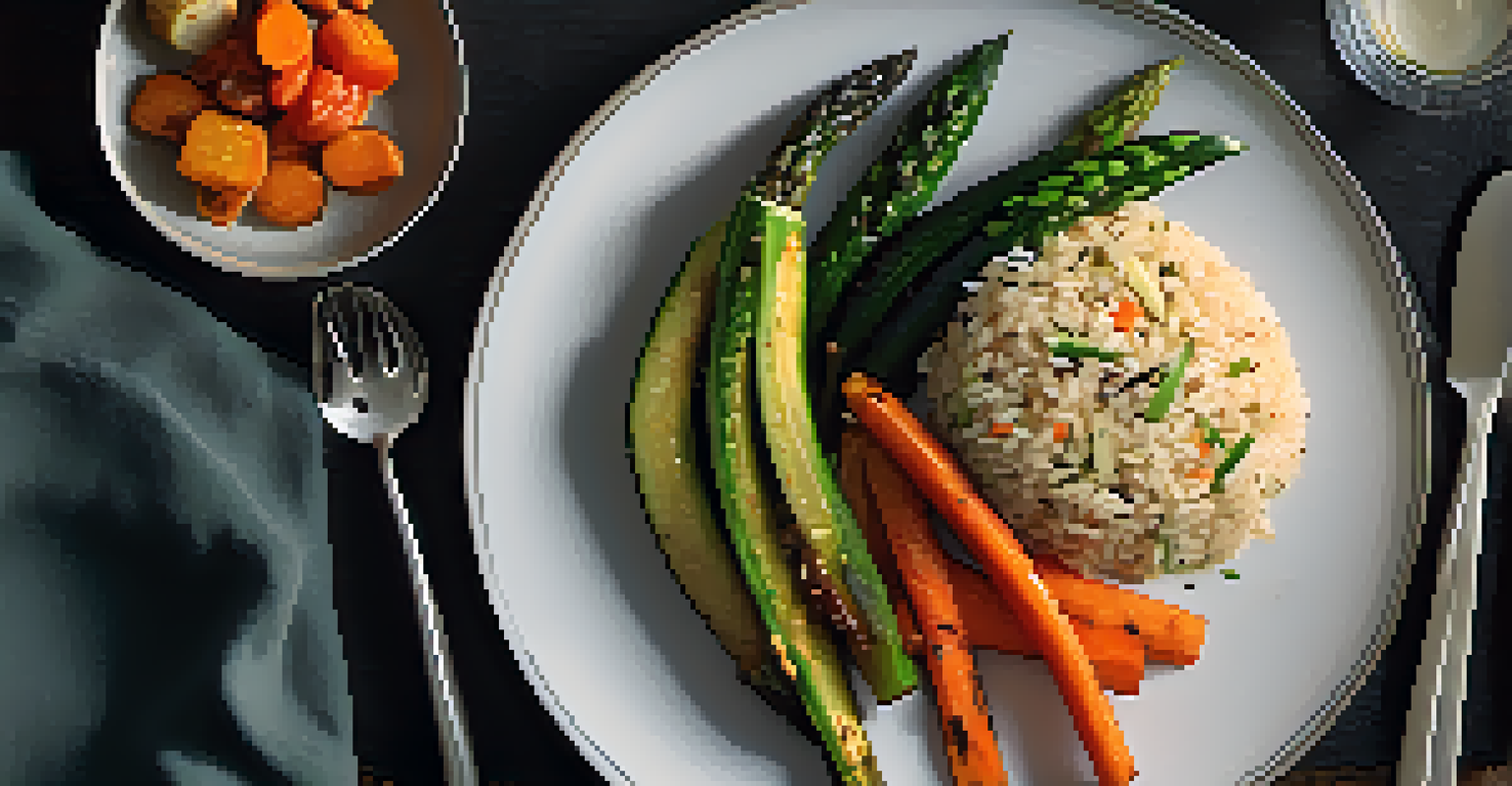A dinner plate with brown rice, roasted vegetables, and plant-based protein, illuminated by candlelight.