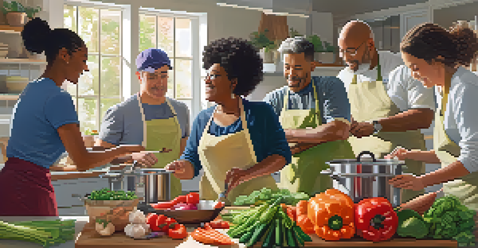 A lively cooking class with participants learning to chop vegetables under natural light.