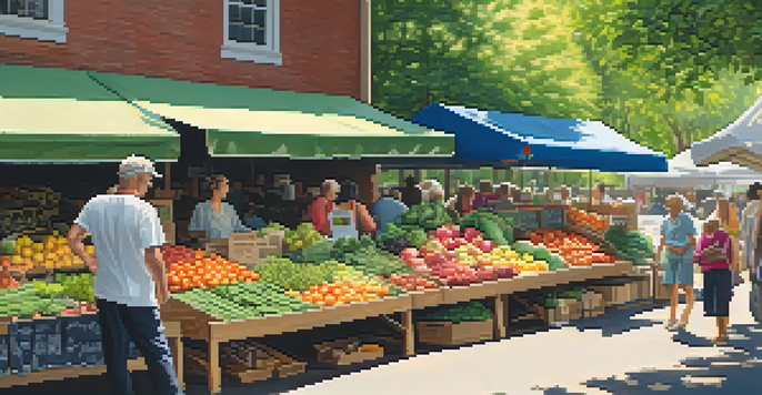 A lively farmer's market with colorful organic produce and shoppers interacting with vendors.