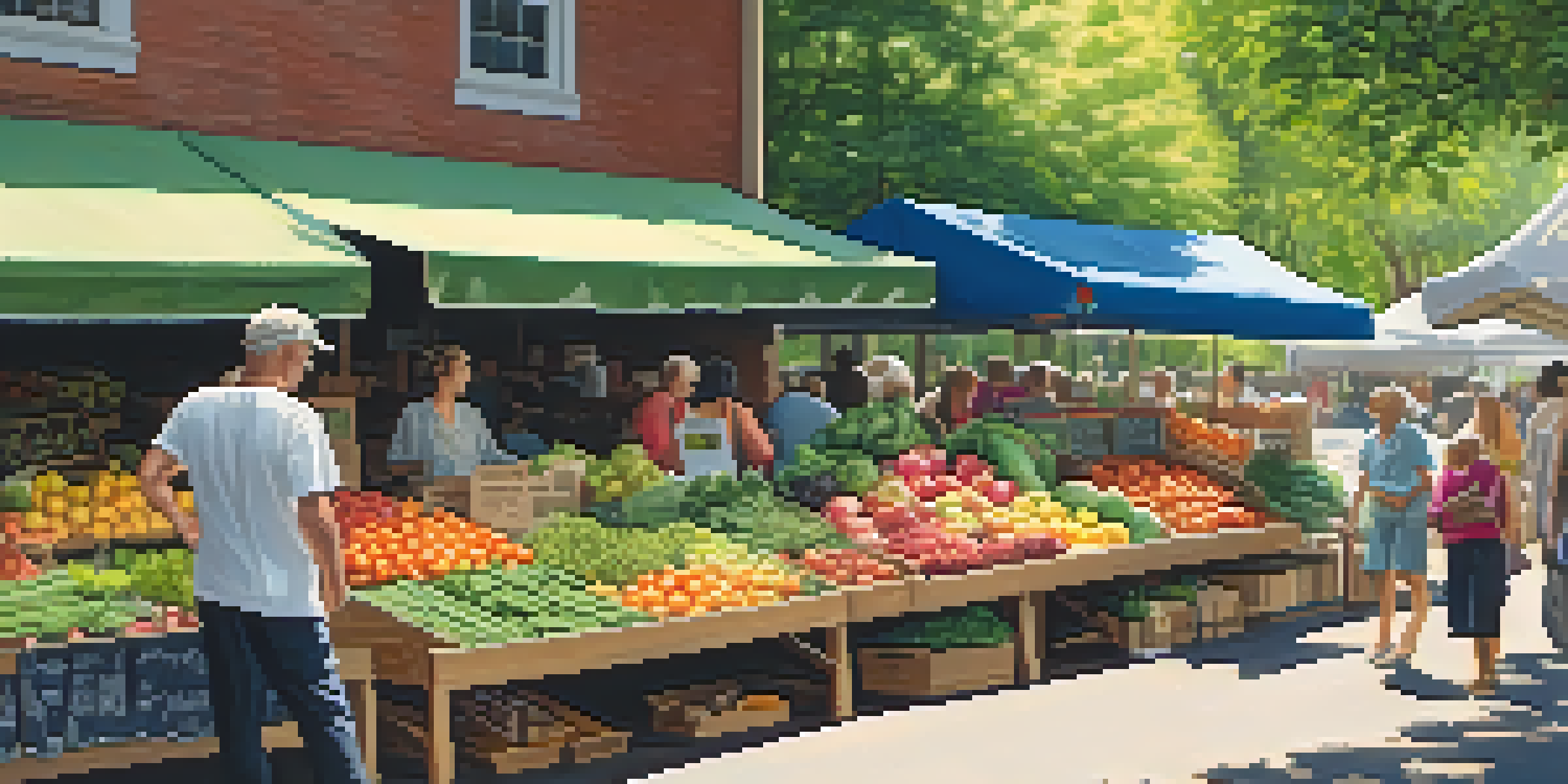 A lively farmer's market with colorful organic produce and shoppers interacting with vendors.
