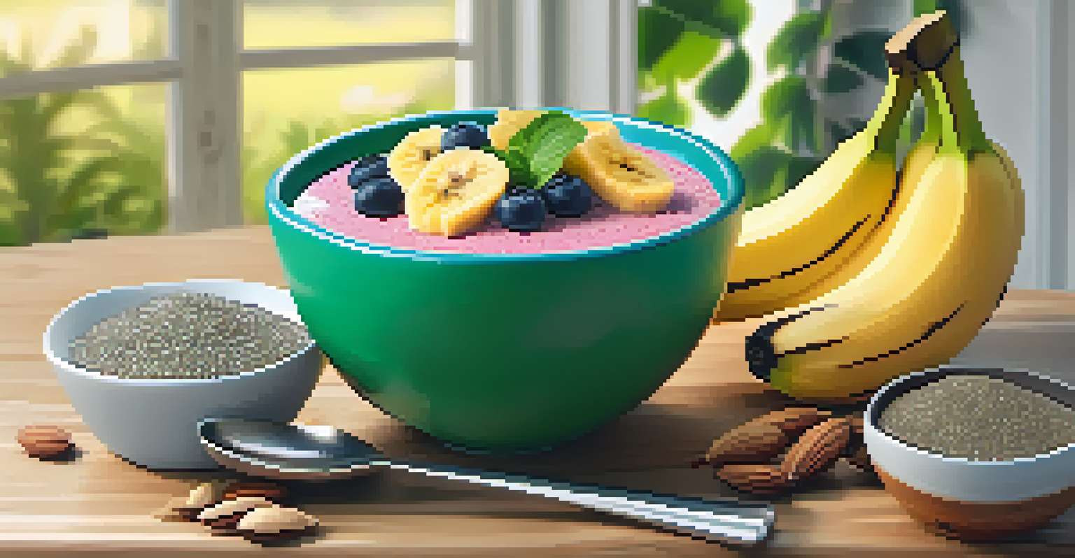 A smoothie bowl made with chia seeds, bananas, and spinach, garnished with fruits and nuts, on a wooden table.