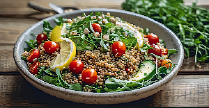 A colorful Mediterranean grain bowl with quinoa, roasted vegetables, and a lemon-tahini dressing, arranged on a wooden table.