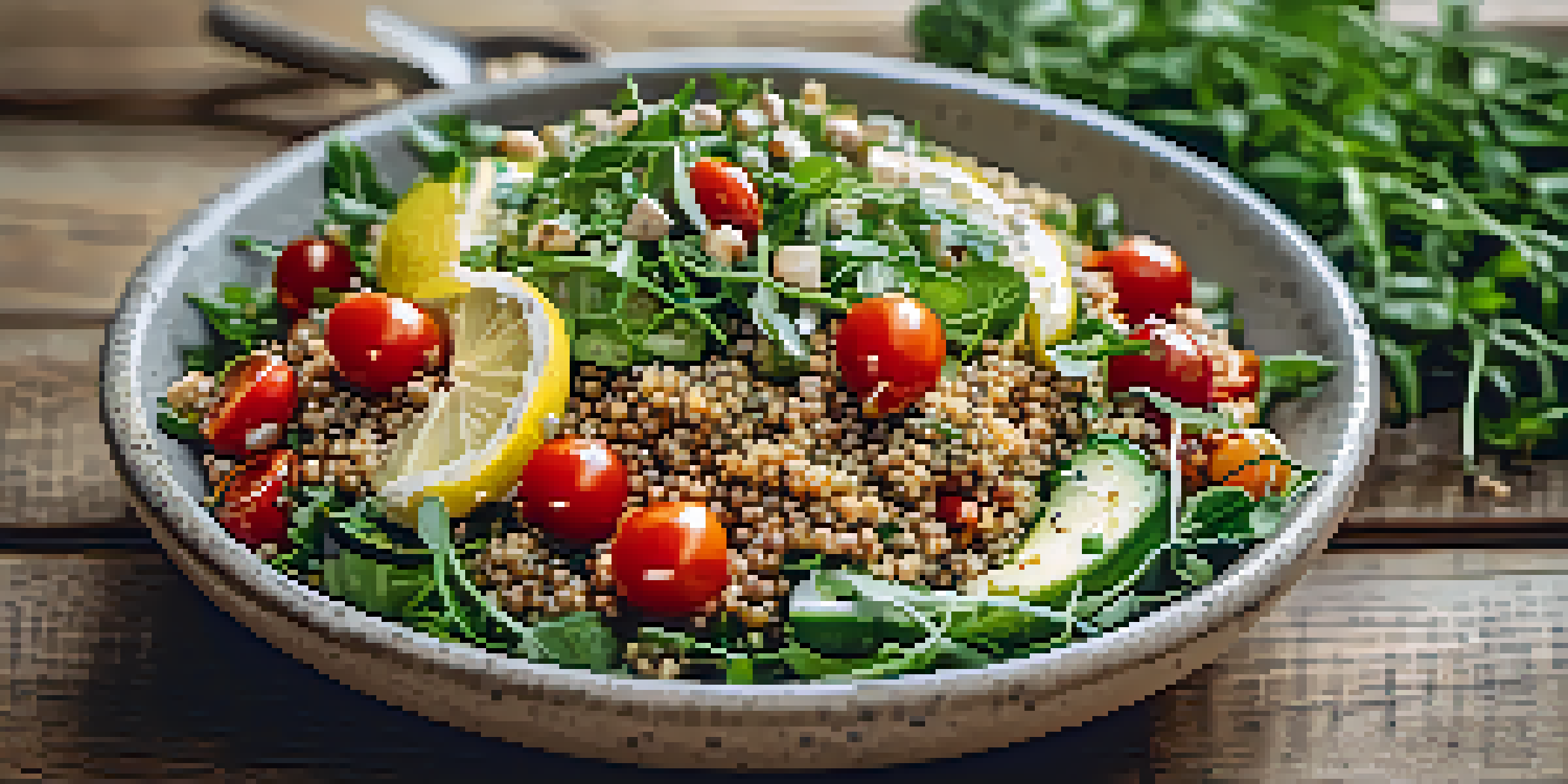 A colorful Mediterranean grain bowl with quinoa, roasted vegetables, and a lemon-tahini dressing, arranged on a wooden table.