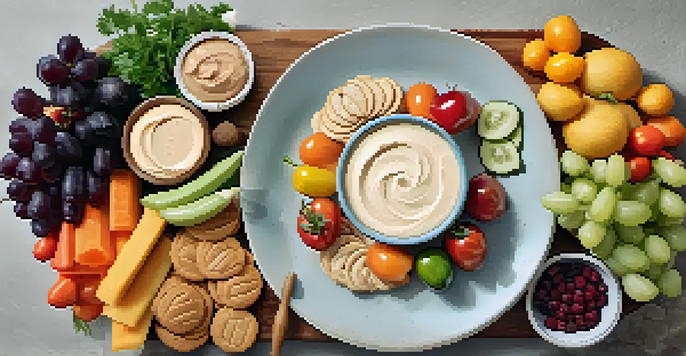 A platter with colorful cashew cheese spreads, fresh vegetables, crackers, and fruits under natural sunlight.