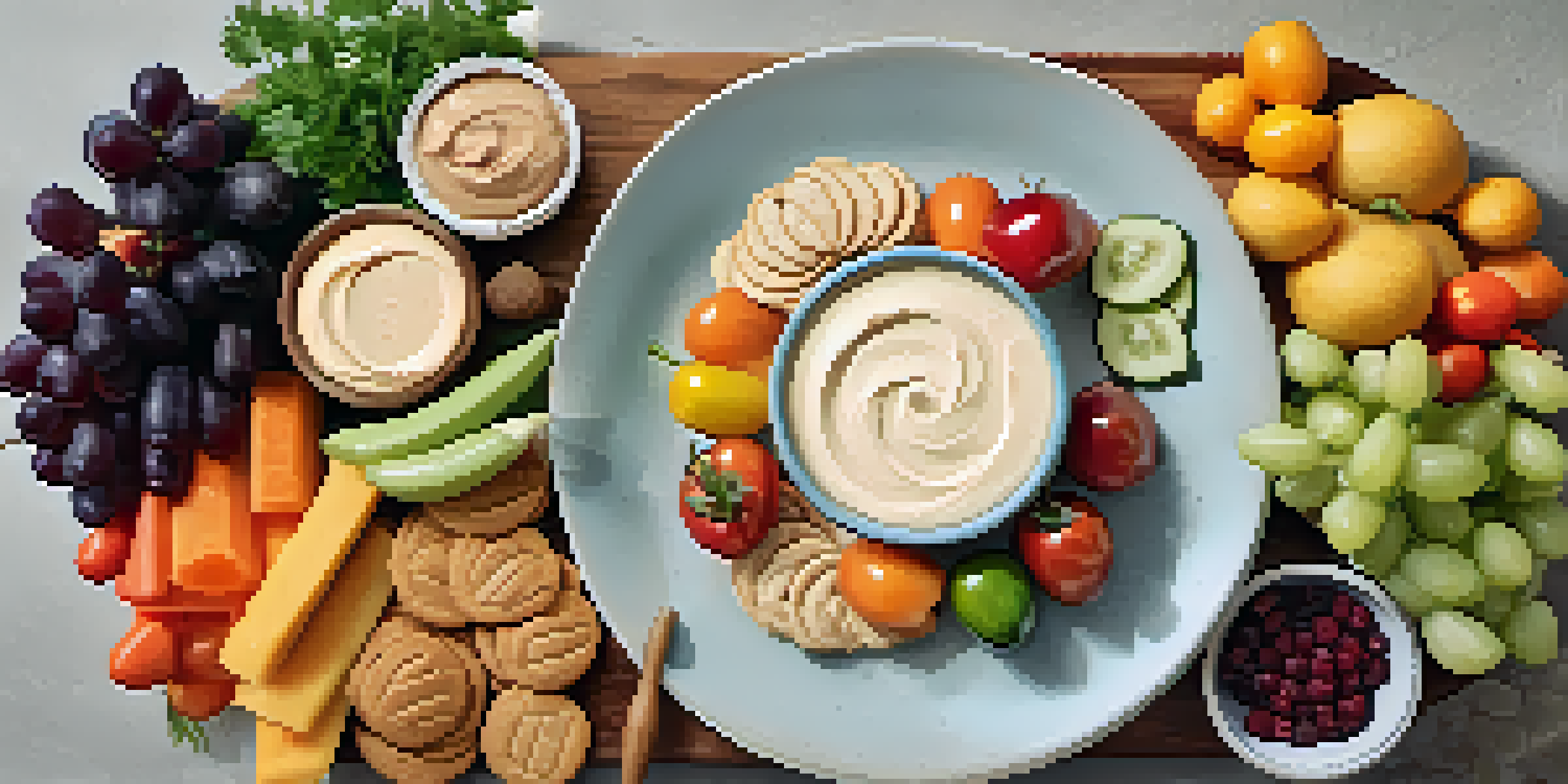 A platter with colorful cashew cheese spreads, fresh vegetables, crackers, and fruits under natural sunlight.