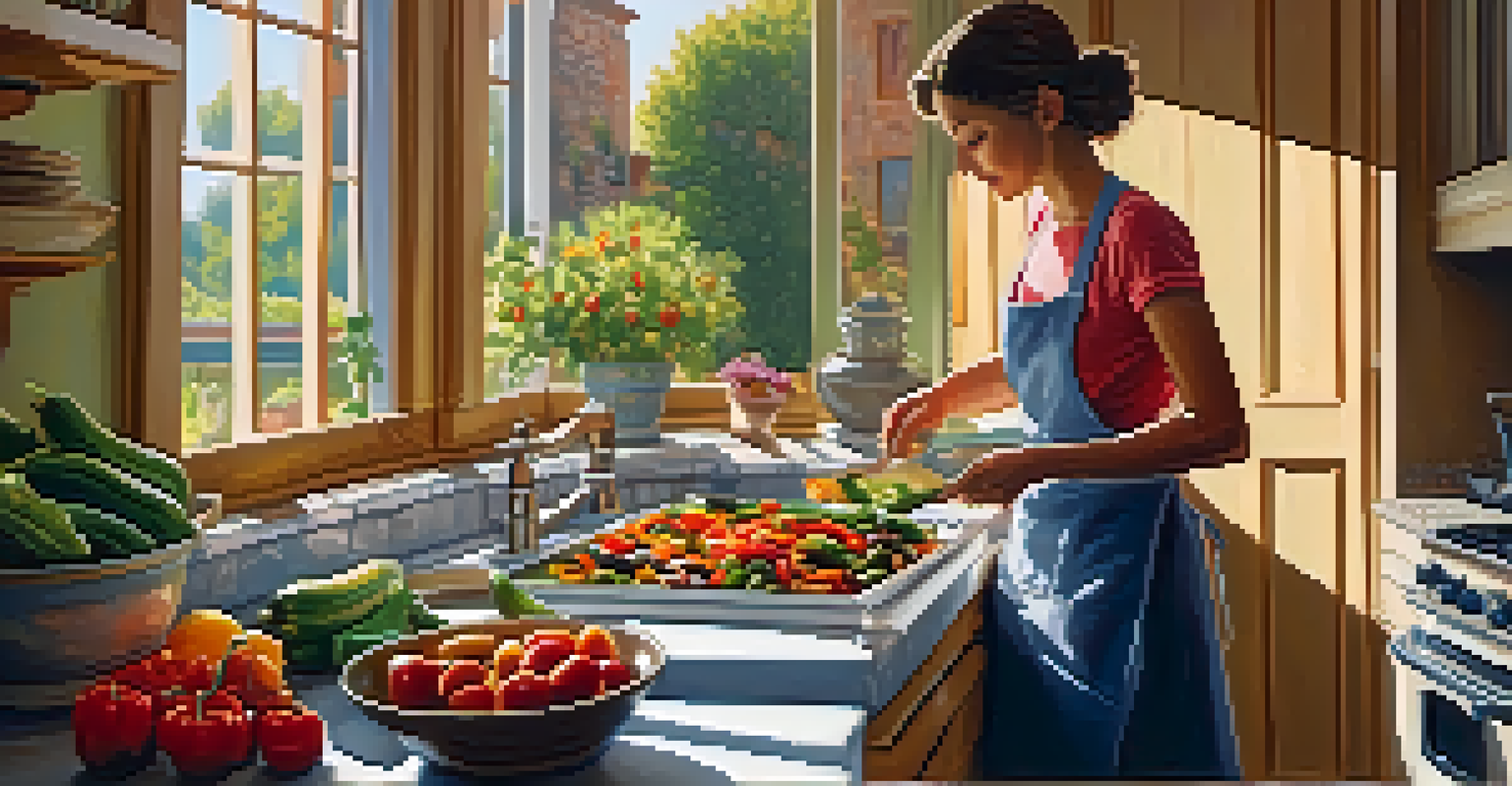 A kitchen scene with a person making summer ratatouille, surrounded by chopped vegetables and a simmering pot in warm sunlight.