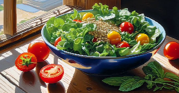 A colorful salad bowl with leafy greens, cherry tomatoes, sliced avocados, and seeds on a wooden table illuminated by sunlight.