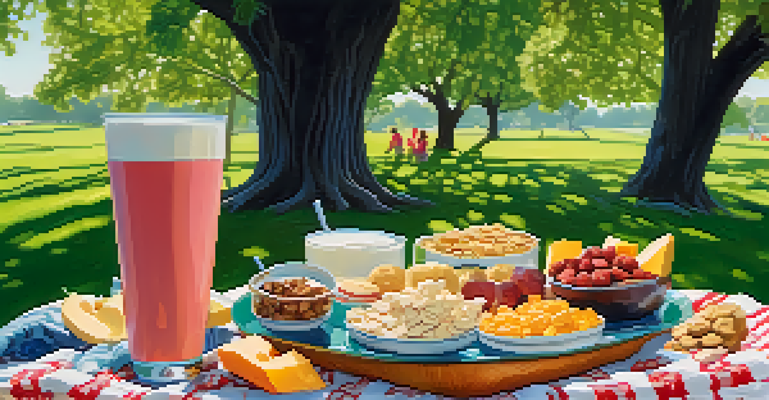 A lively outdoor picnic showcasing plant-based snacks and drinks, with people enjoying a vegan spread on a colorful blanket.