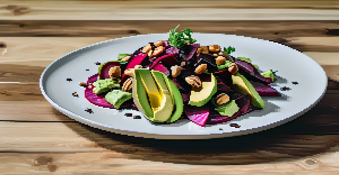 A colorful vegan beet salad with avocado and nuts, beautifully arranged on a white plate against a wooden table background.