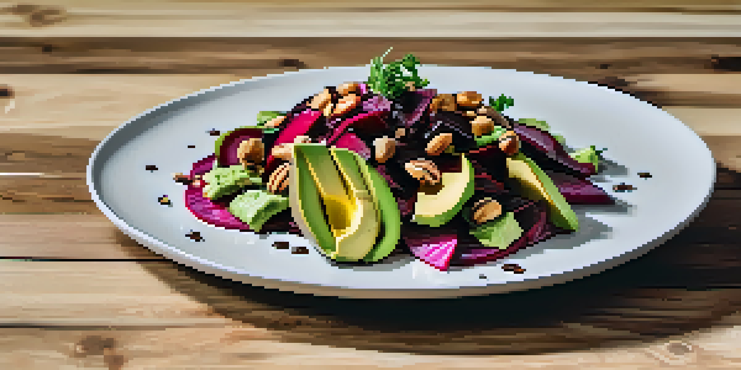 A colorful vegan beet salad with avocado and nuts, beautifully arranged on a white plate against a wooden table background.