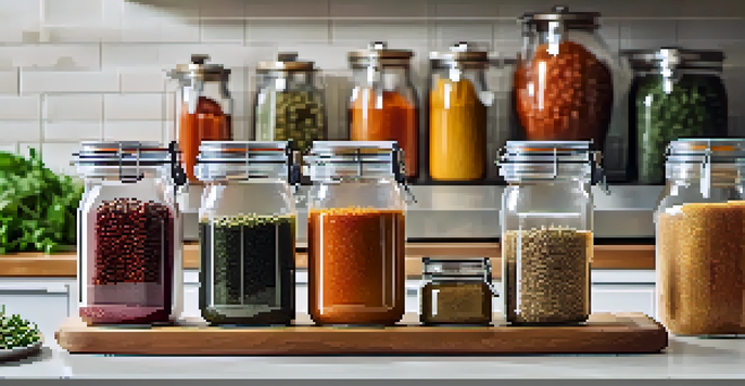 A vibrant kitchen scene displaying an organized vegan meal prep station with colorful containers filled with grains, legumes, and roasted vegetables, complemented by fresh herbs and spices.