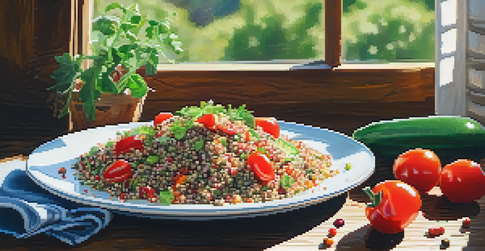 A colorful quinoa salad with cherry tomatoes, cucumbers, and bell peppers, beautifully arranged on a rustic wooden table with soft sunlight casting shadows.