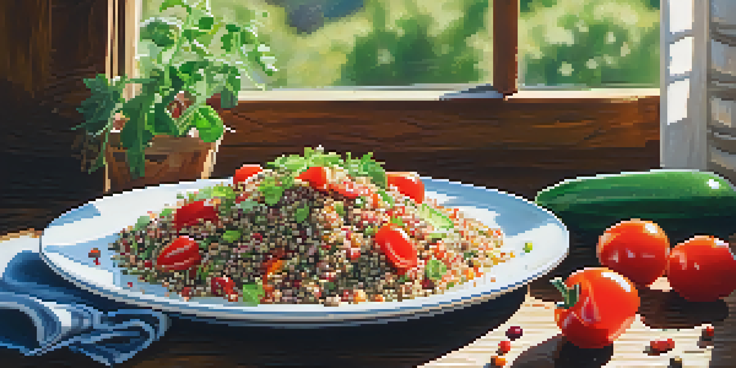 A colorful quinoa salad with cherry tomatoes, cucumbers, and bell peppers, beautifully arranged on a rustic wooden table with soft sunlight casting shadows.