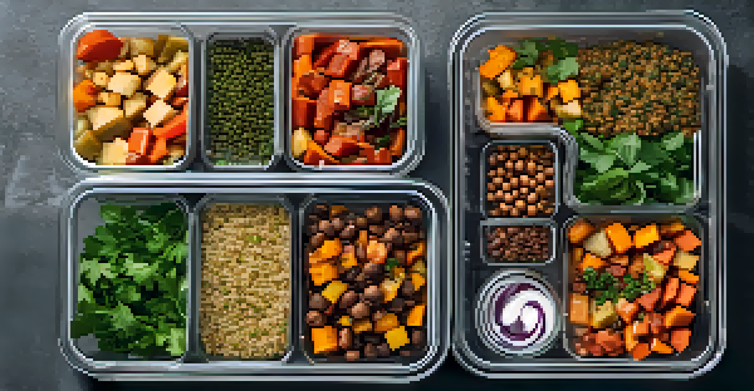 An organized meal prep display featuring containers with vegan dishes, labeled ingredients, and scattered herbs and spices.
