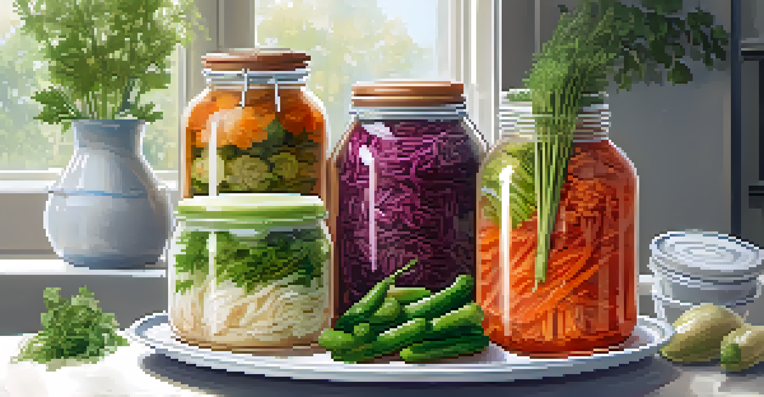An artistic display of fermented foods including kimchi, sauerkraut, and pickles on a ceramic platter.