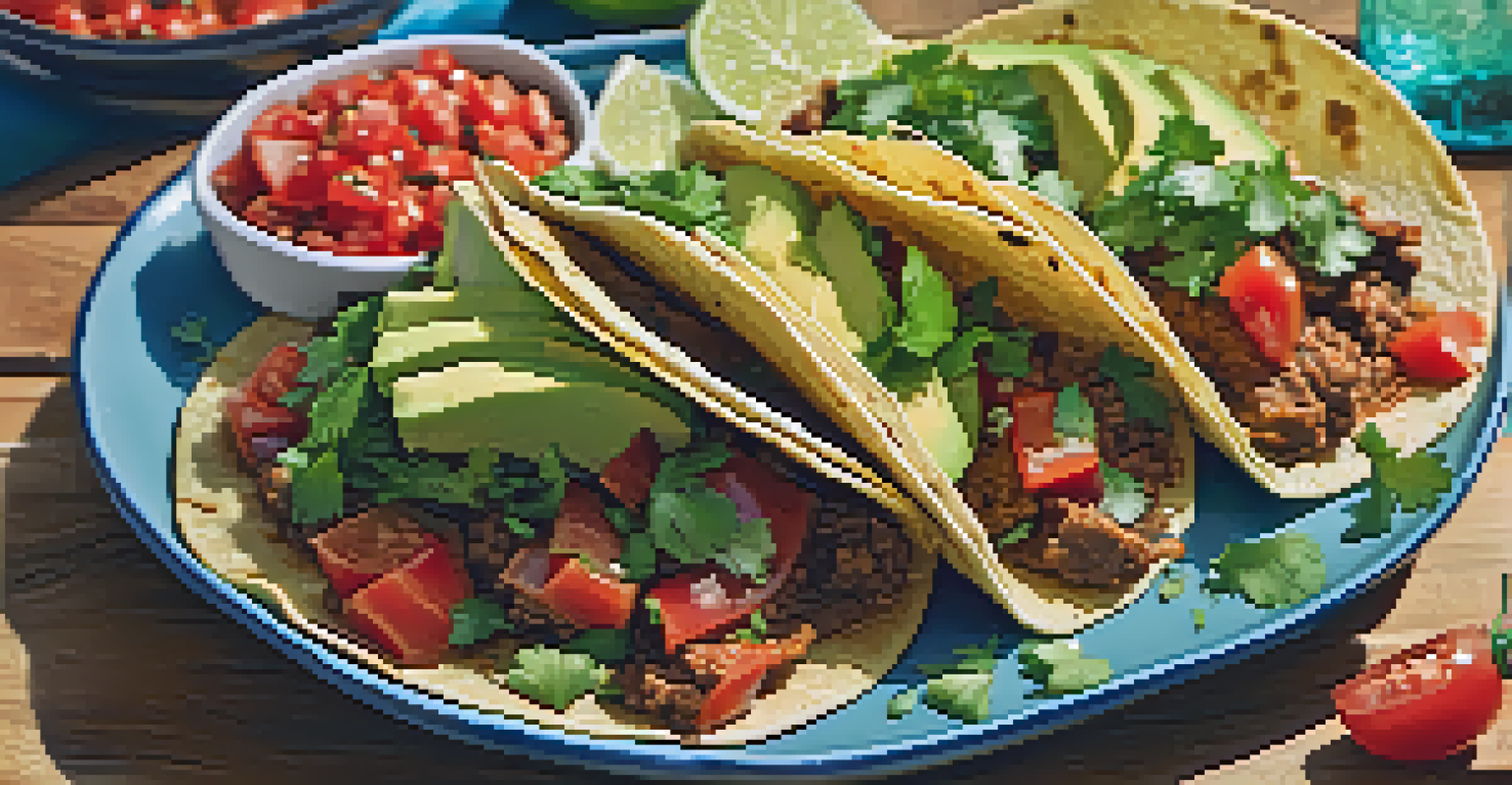 Close-up of seitan tacos filled with fresh ingredients on a wooden table.