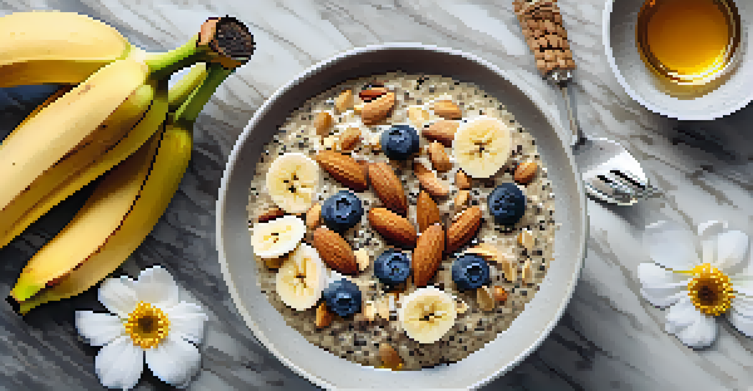 An overhead view of a breakfast bowl with chia seeds, bananas, and almonds on a marble countertop, with flowers in a vase.