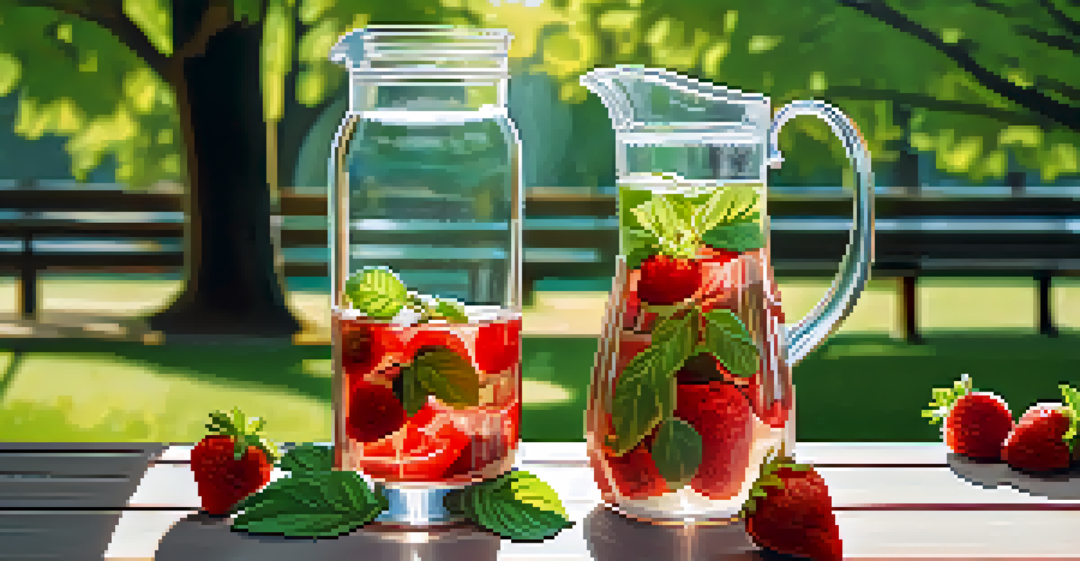 A pitcher of strawberry basil infused water on a picnic table in a sunny park.