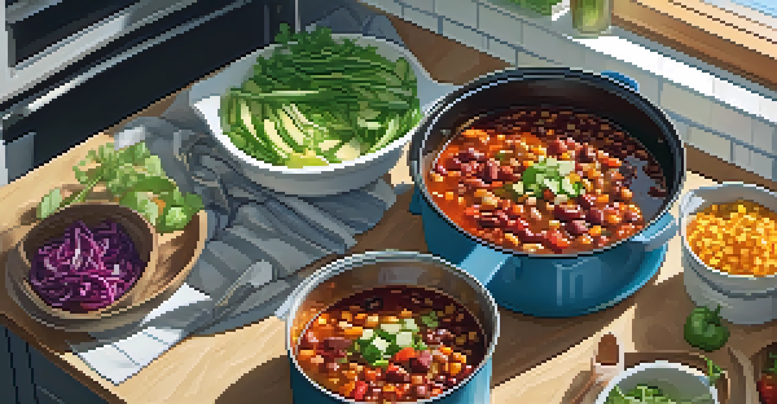 A vibrant one-pot vegan chili cooking in a well-lit kitchen, surrounded by fresh vegetables and stackable storage containers.