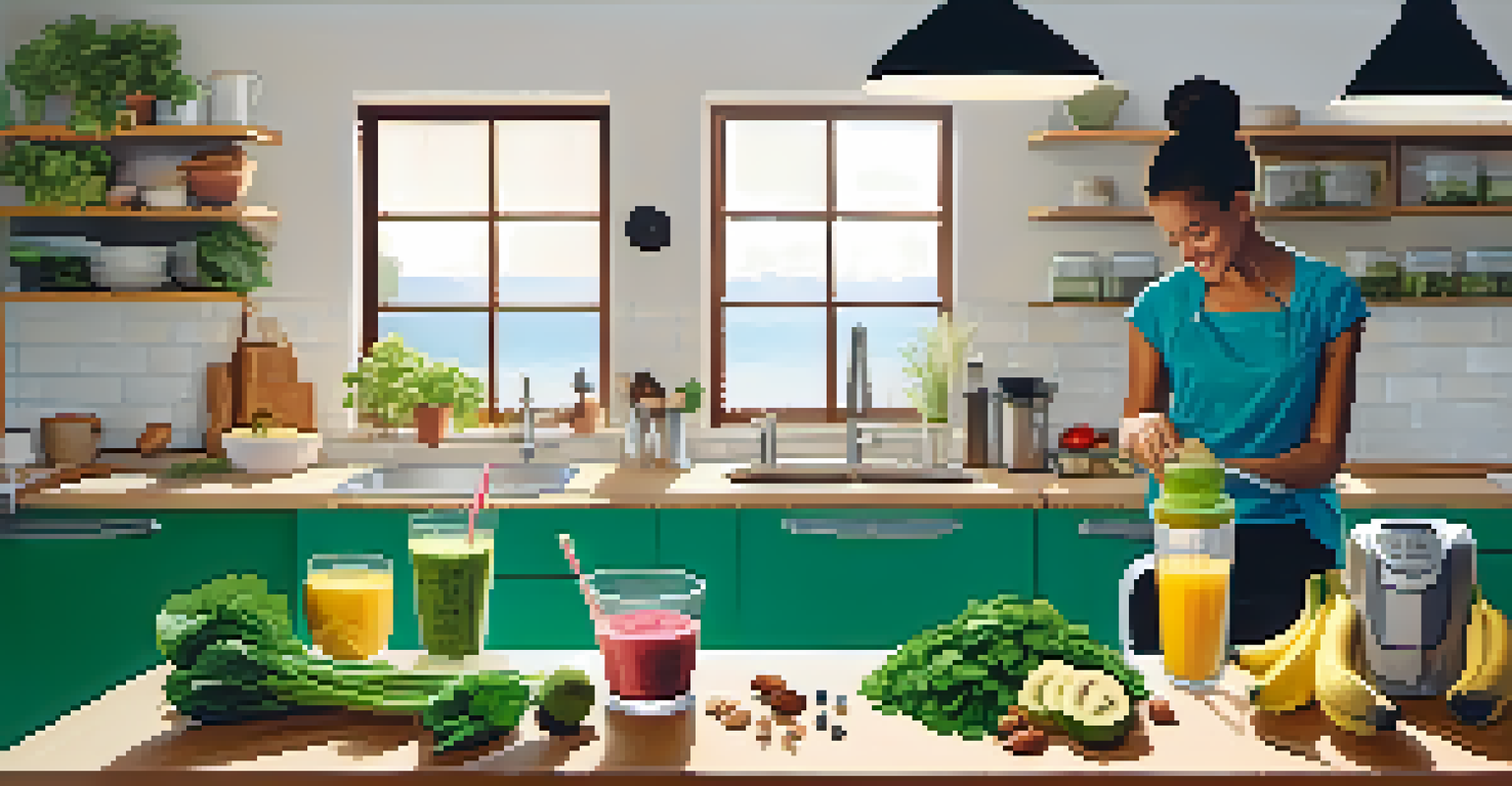 A person preparing a smoothie with fresh ingredients and nuts in a modern kitchen.