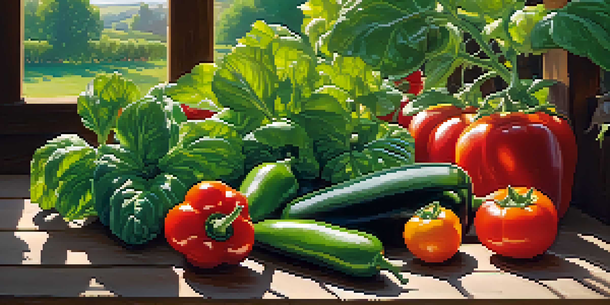 A colorful organic garden filled with vegetables and fruits, with sunlight filtering through the leaves and a sign that says 'Organic Farm'.