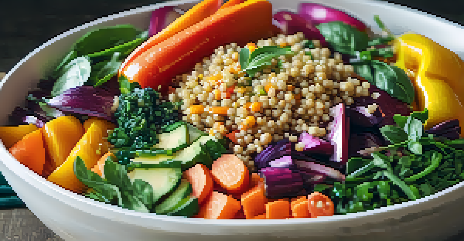 An overhead view of a colorful vegan grain bowl filled with quinoa and roasted vegetables, surrounded by fresh ingredients.