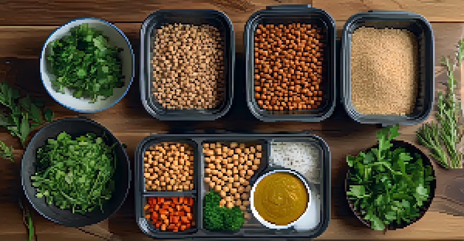 An overhead view of meal prep containers filled with chickpeas, lentils, almonds, and brown rice on a wooden table.