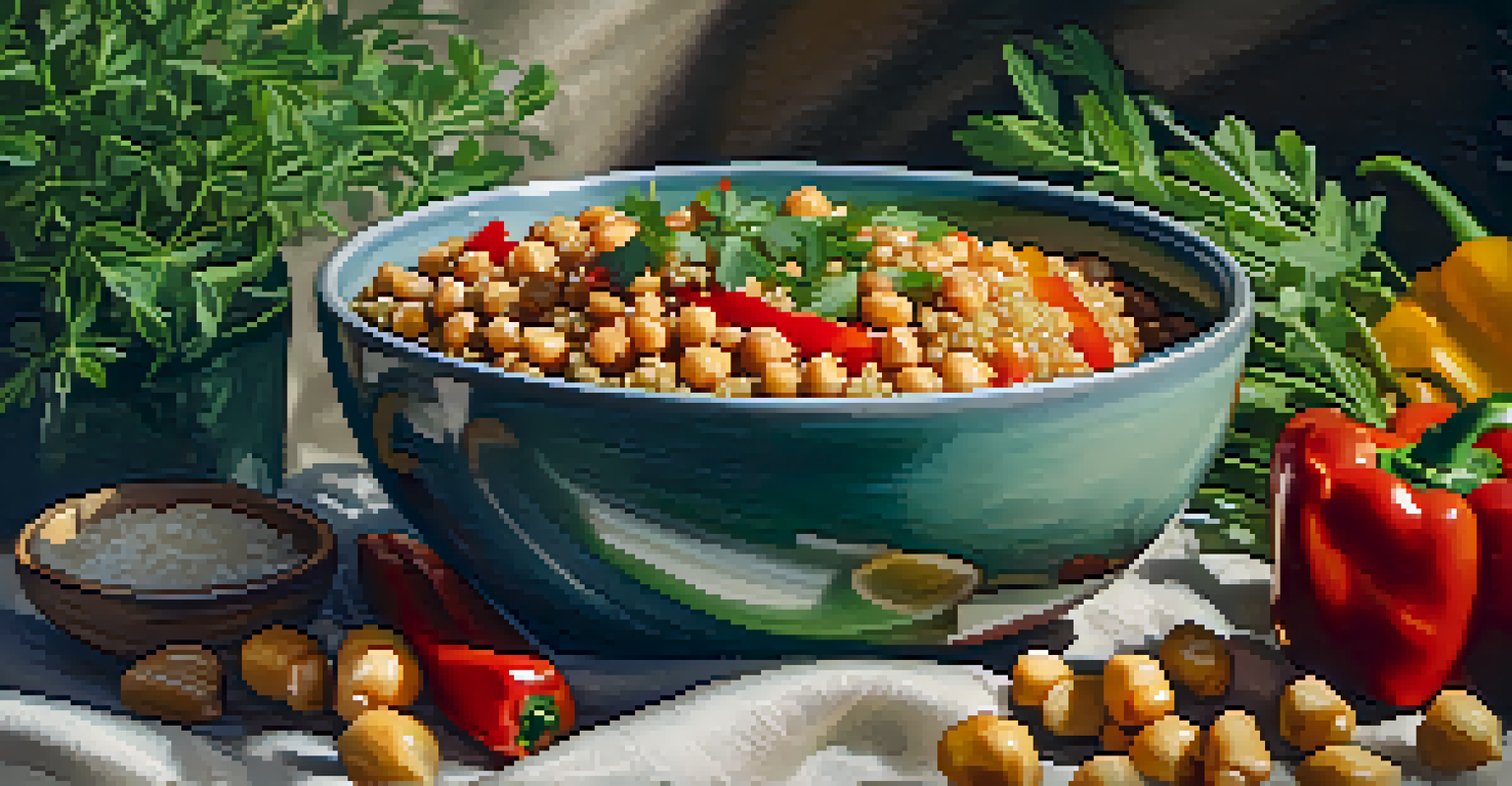 A close-up view of a bowl filled with quinoa, chickpeas, and colorful bell peppers.