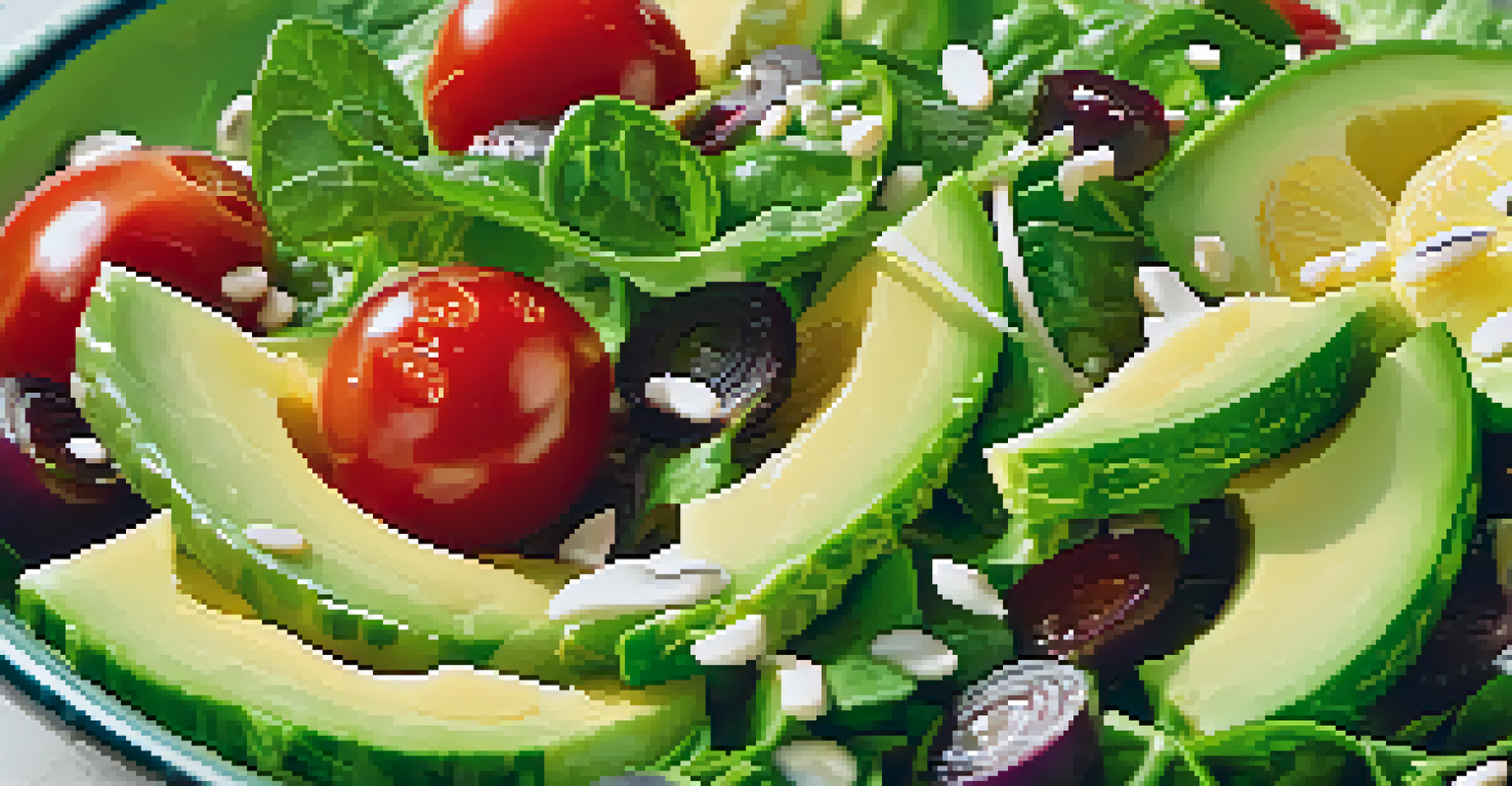 A fresh green salad with lemon-tahini dressing, featuring colorful ingredients and sesame seeds.