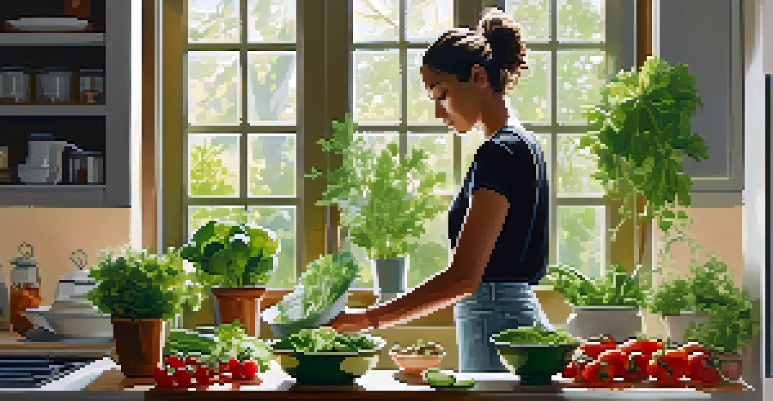 A person preparing a fresh vegan salad in a bright kitchen filled with natural light.