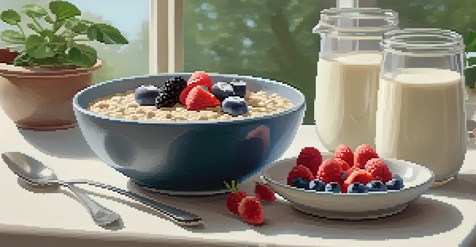 A breakfast scene with a bowl of oatmeal topped with sliced mushrooms and berries, next to a glass of plant milk, on a light-colored table with a potted plant in the background.