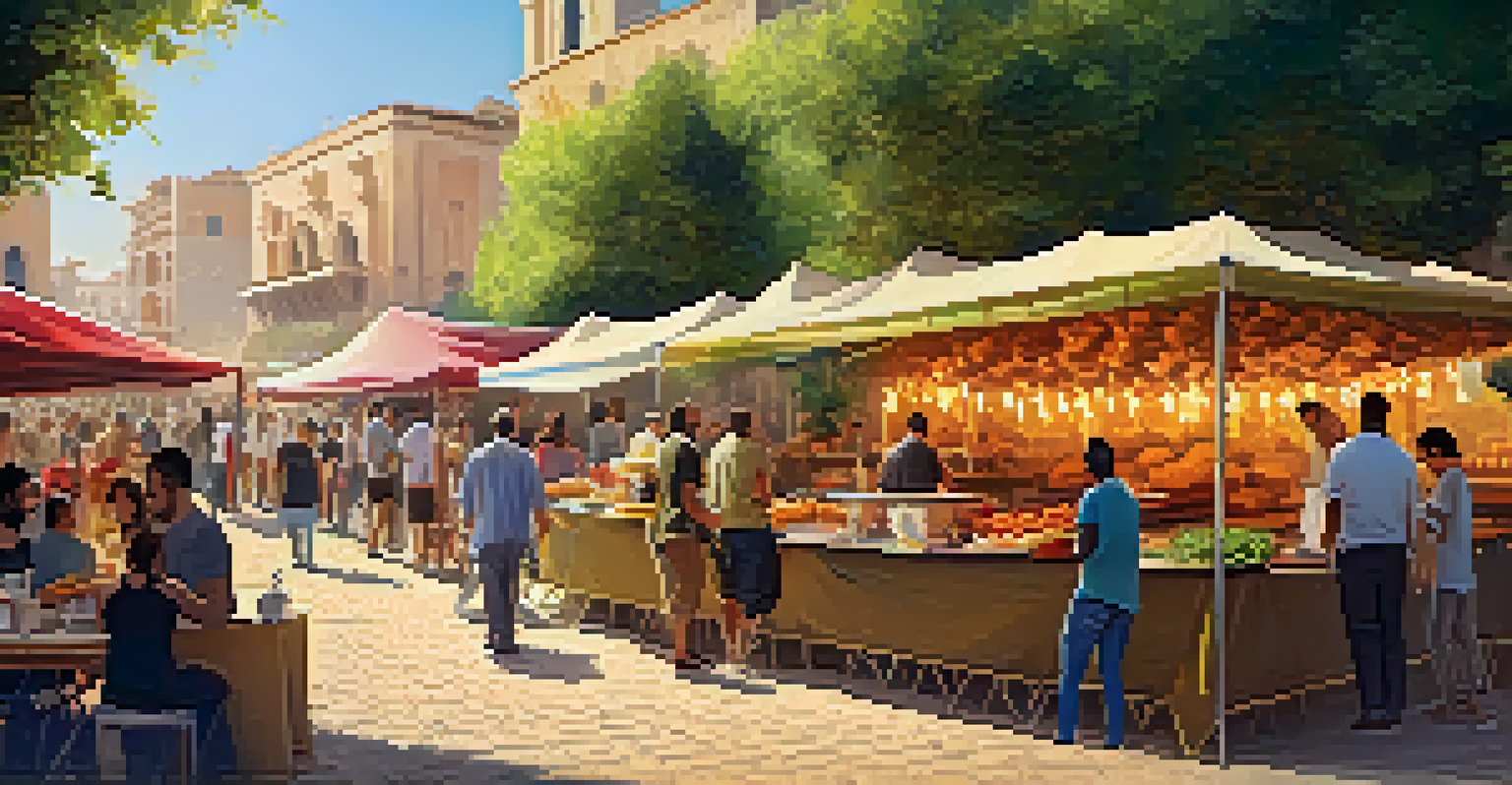 A bustling Mediterranean street food festival with vibrant stalls offering vegan dishes, diverse people enjoying food, and a warm sunset ambiance.