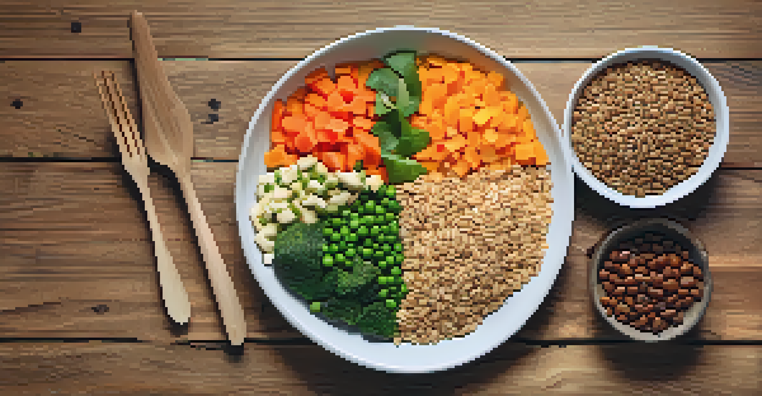 An overhead view of a balanced vegan plate with vegetables, grains, and protein on a rustic wooden background.