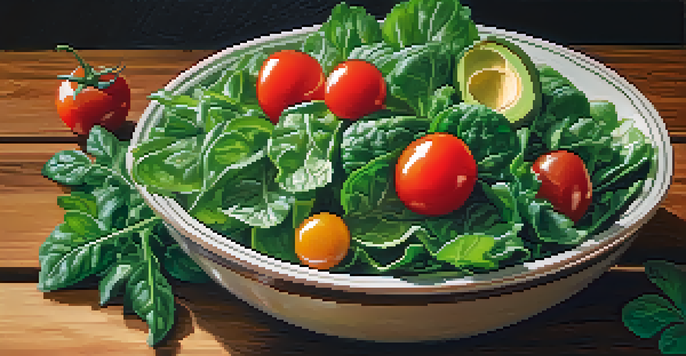 A colorful salad bowl featuring leafy greens, cherry tomatoes, and avocados on a wooden table with natural lighting.