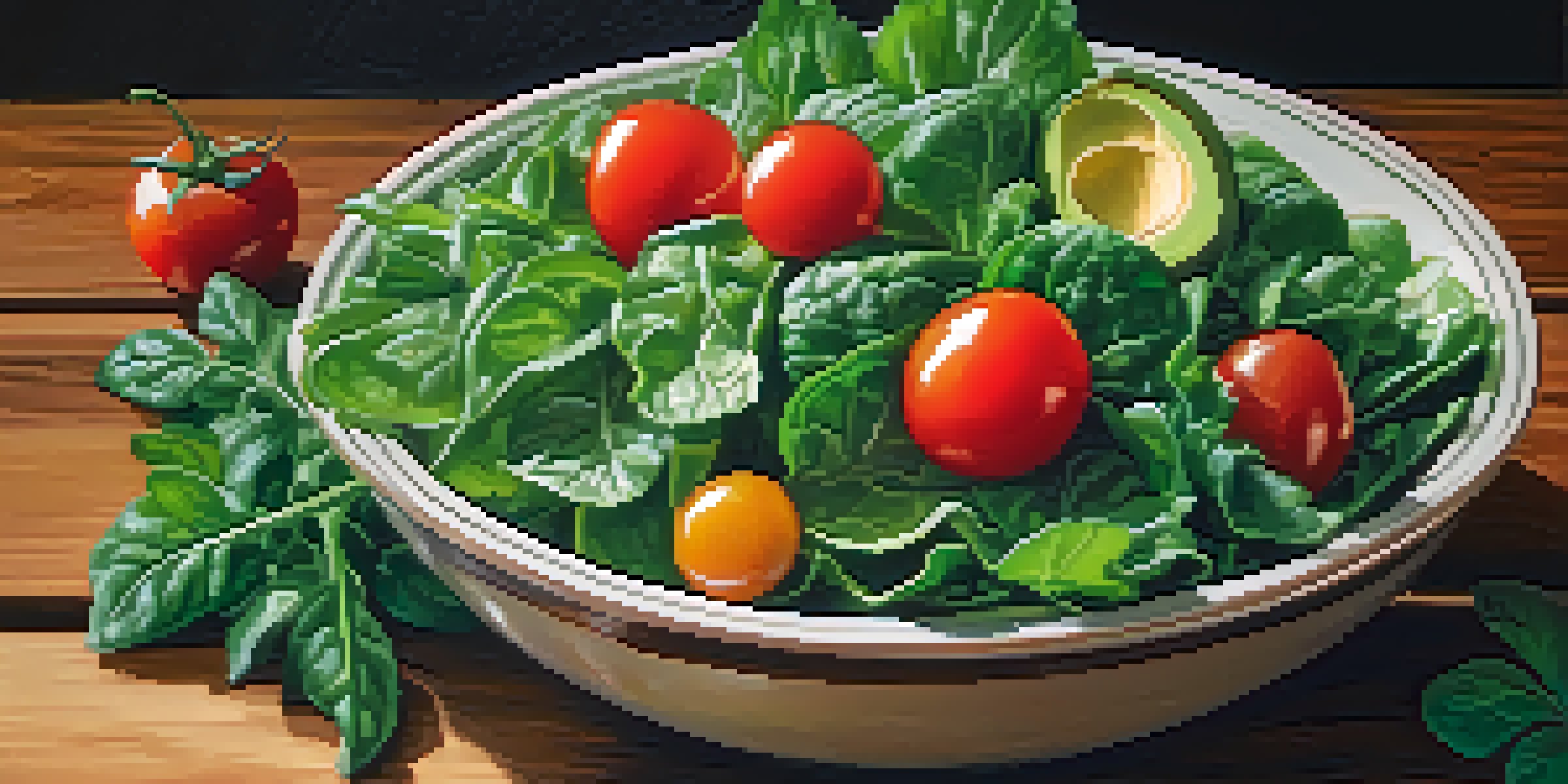 A colorful salad bowl featuring leafy greens, cherry tomatoes, and avocados on a wooden table with natural lighting.