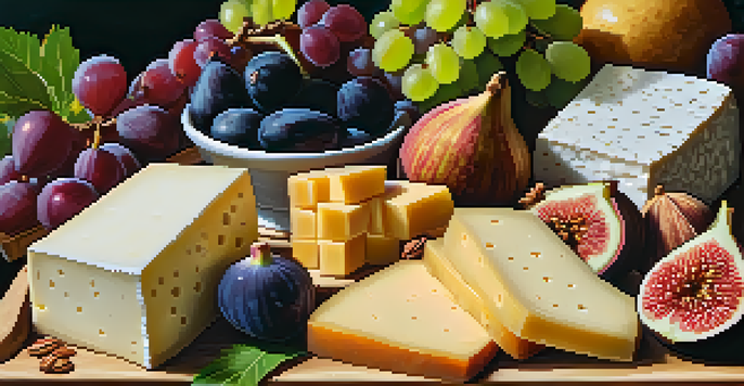 A vibrant cheese board showcasing various vegan cheeses with fruits, crackers, and nuts, all illuminated by soft natural light.