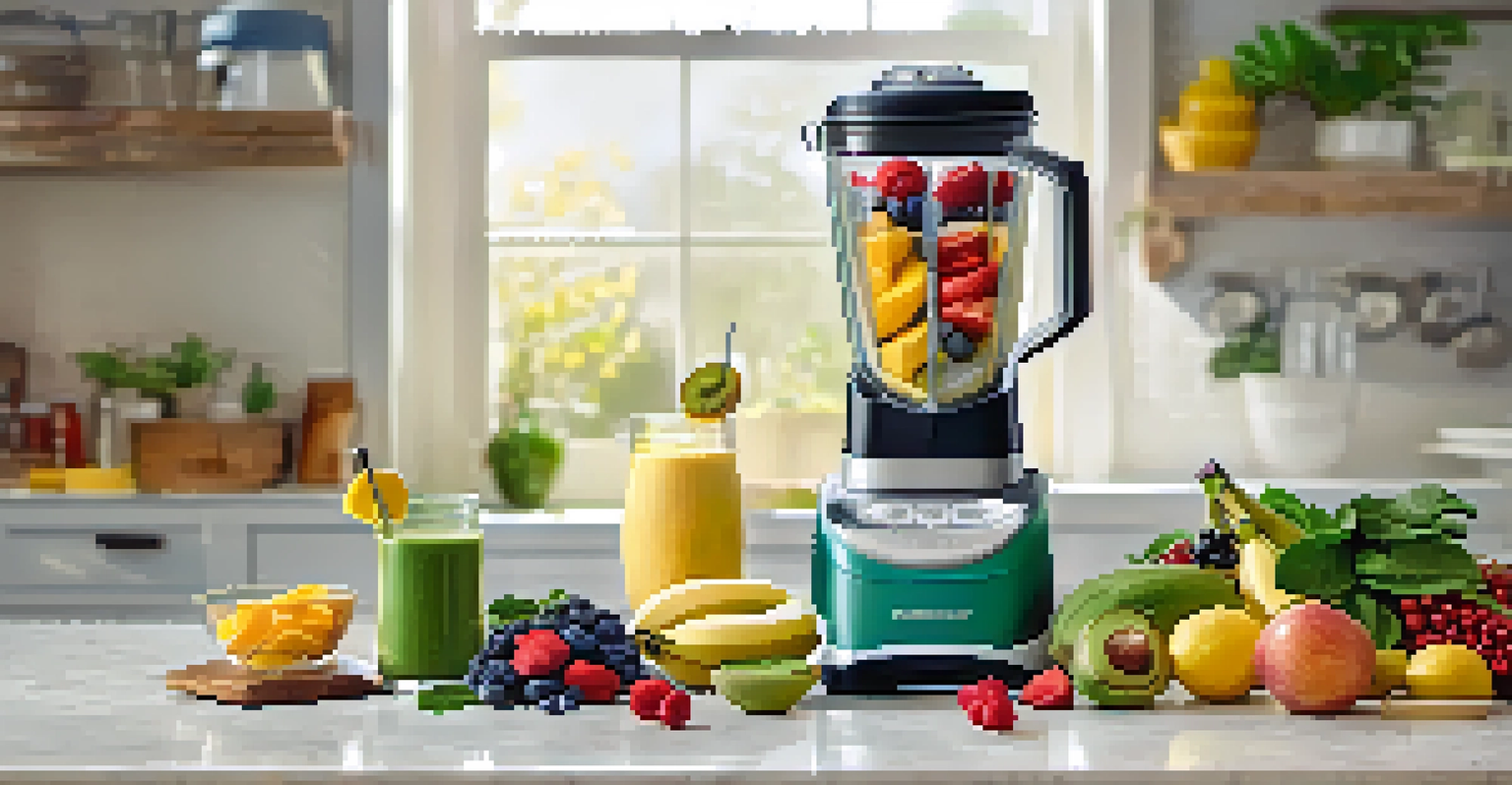 A portable blender blending a colorful smoothie surrounded by fresh fruits and greens in a bright kitchen.