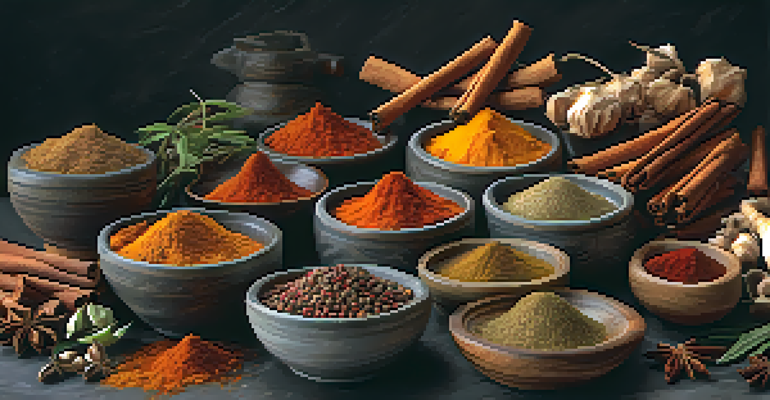 An artistic display of spices on a dark slate background.