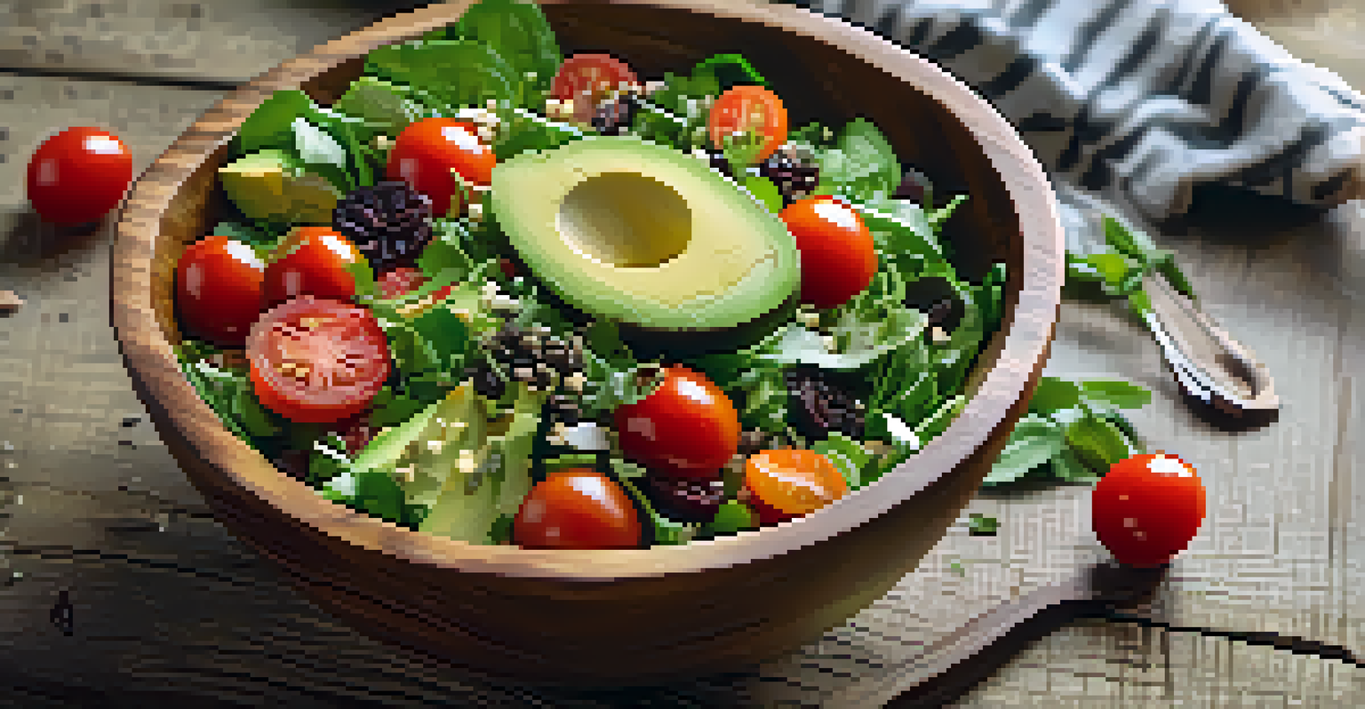 A close-up view of a wooden bowl containing a fresh salad with greens, tomatoes, and avocado, set on a rustic wooden table.