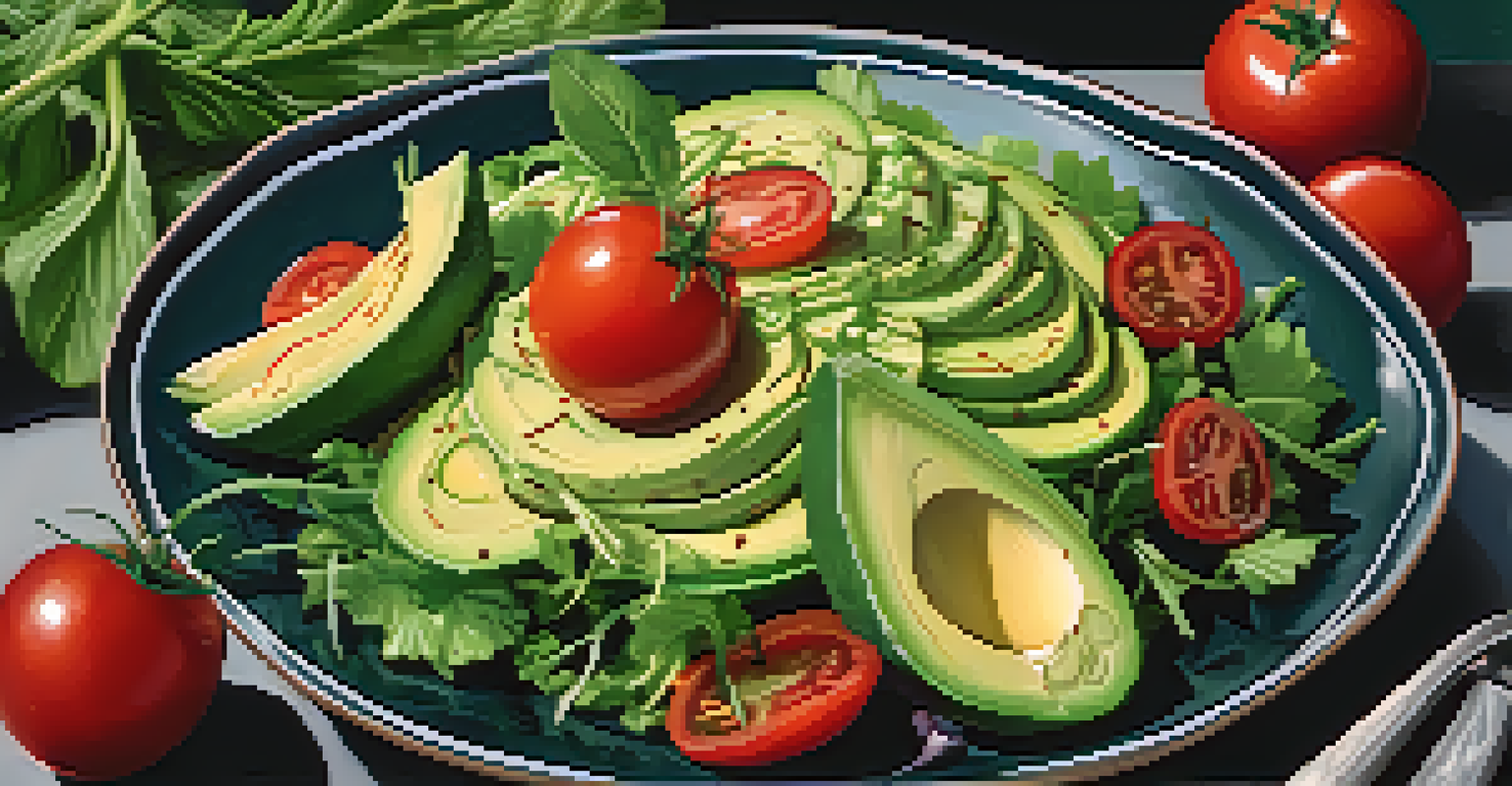 A close-up of a fresh salad topped with creamy avocado sauce, showcasing greens, cherry tomatoes, and cucumbers on a dark plate.