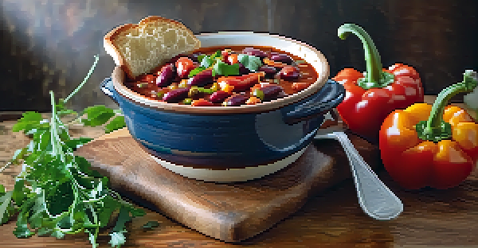 A colorful bowl of vegan chili with kidney beans, tomatoes, and bell peppers, served with crusty bread.