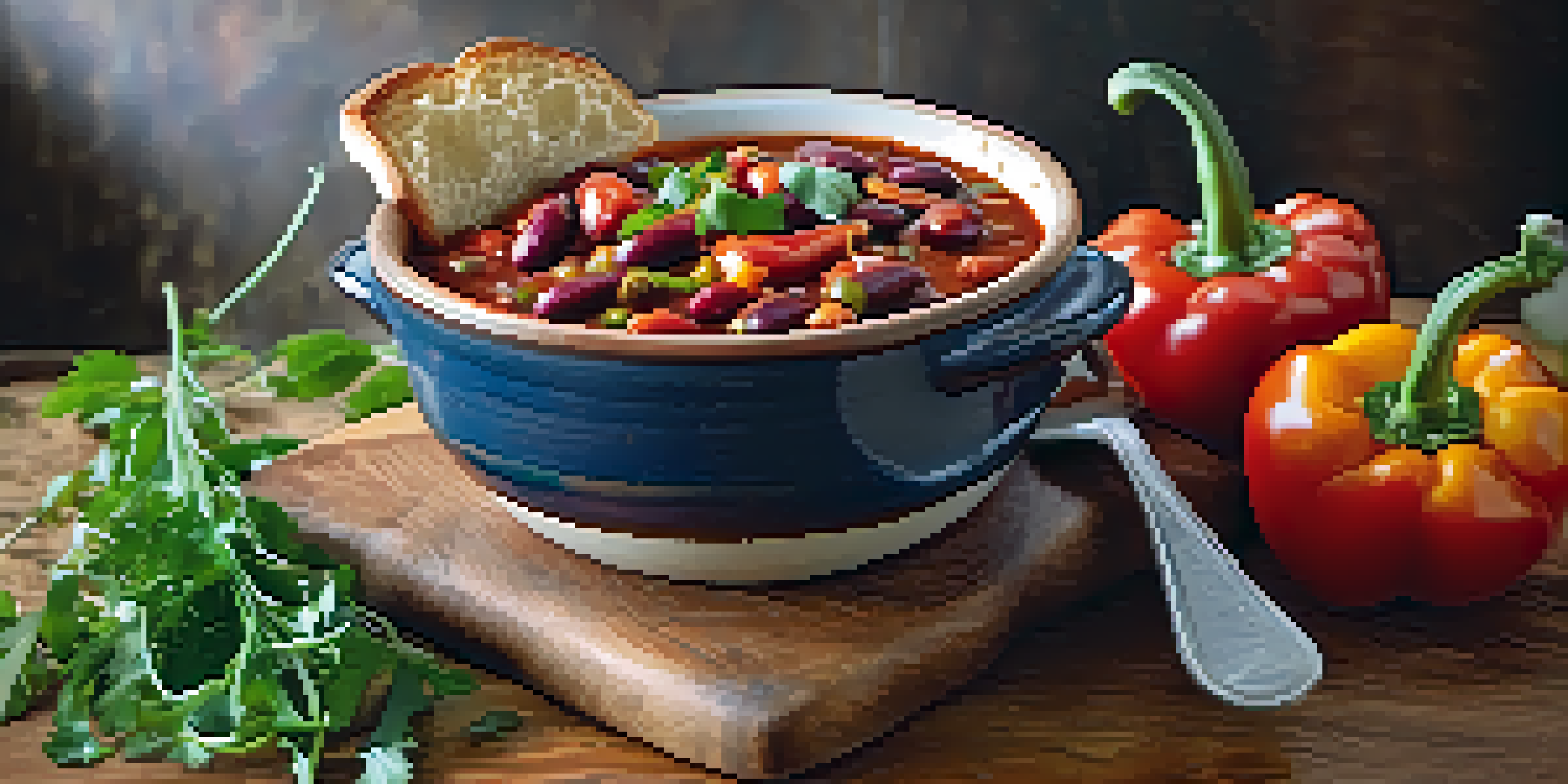 A colorful bowl of vegan chili with kidney beans, tomatoes, and bell peppers, served with crusty bread.