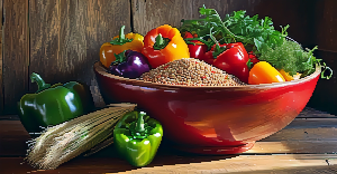 A colorful bowl filled with quinoa and fresh vegetables, illuminated by natural sunlight.