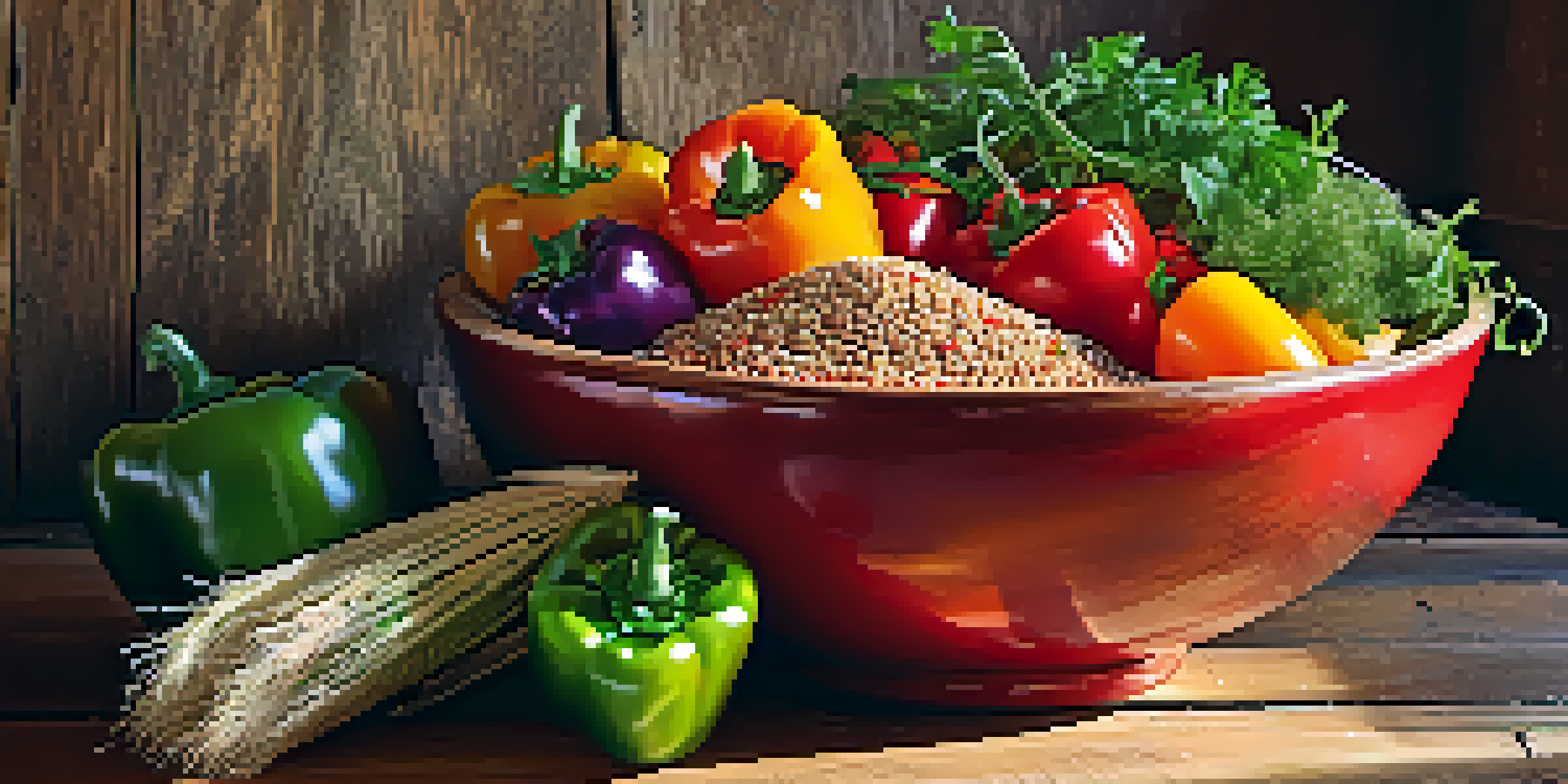 A colorful bowl filled with quinoa and fresh vegetables, illuminated by natural sunlight.