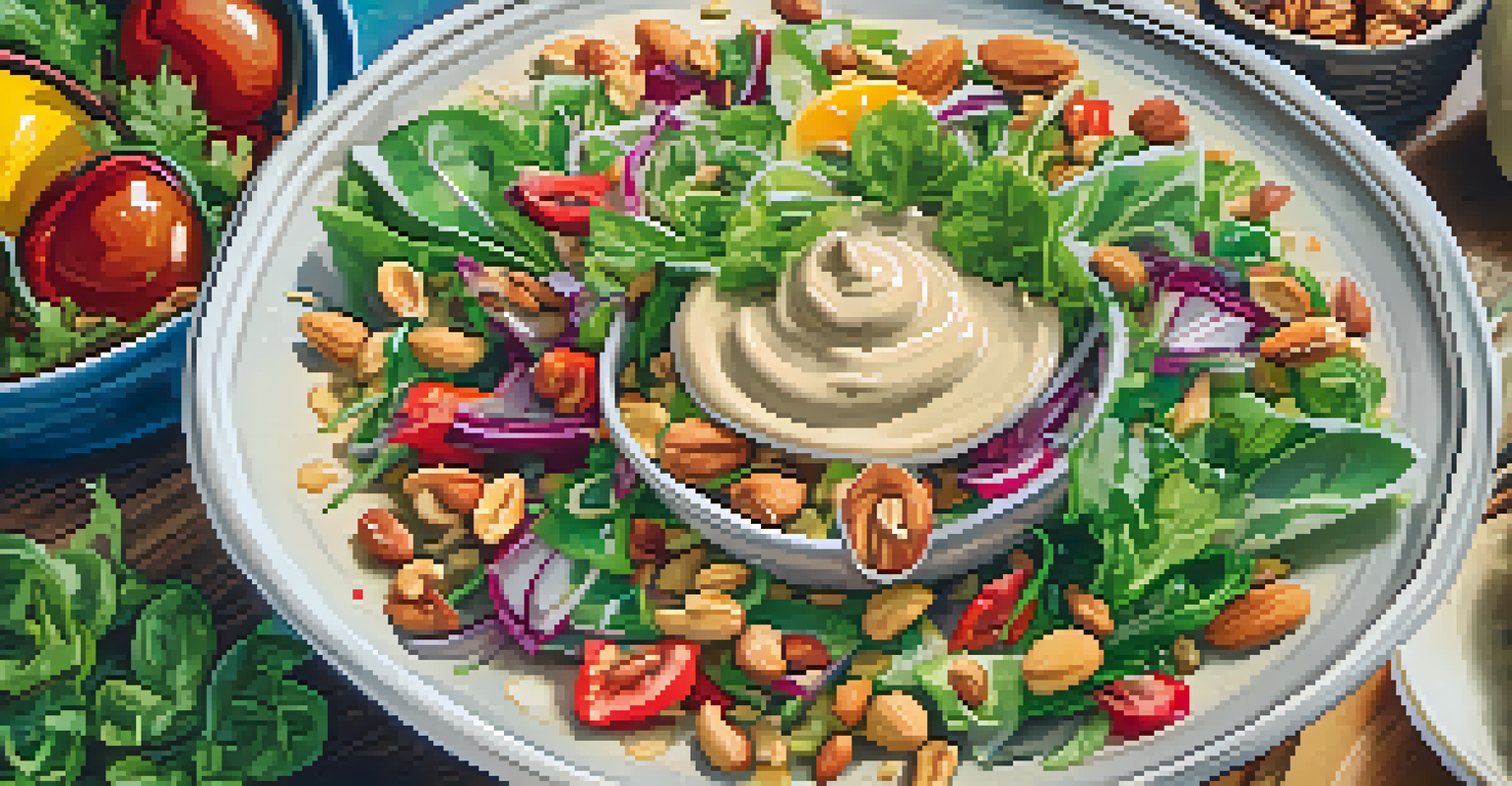 A bowl of mixed salads topped with a creamy vegan sauce made from blended nuts, showcasing various textures and colors under bright lighting.