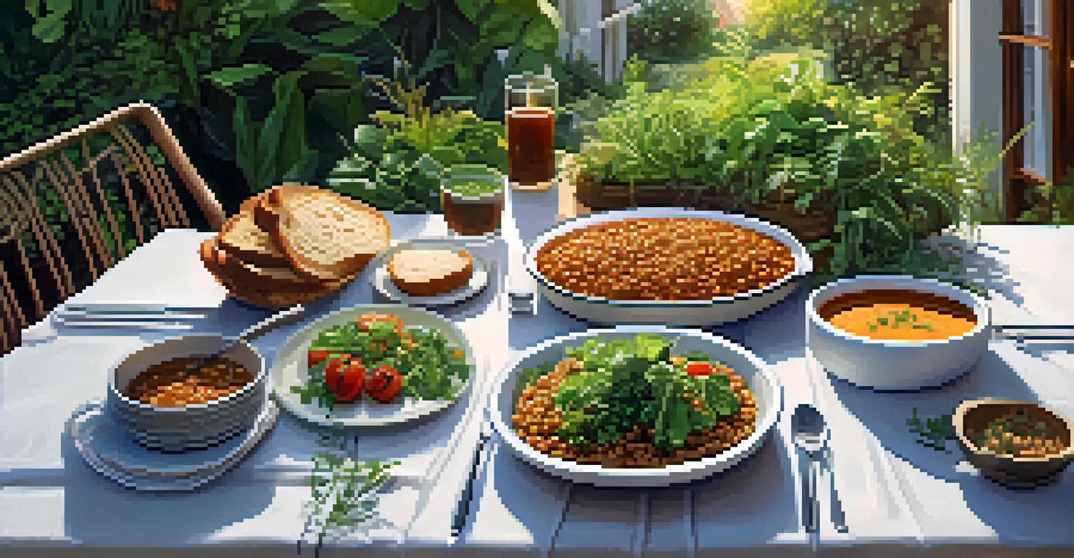 An outdoor dining table set with an array of plant-based dishes surrounded by greenery.