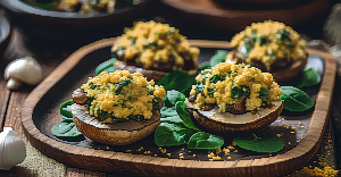 A platter of golden-brown stuffed mushrooms filled with spinach and vegan cream cheese, garnished with nutritional yeast.