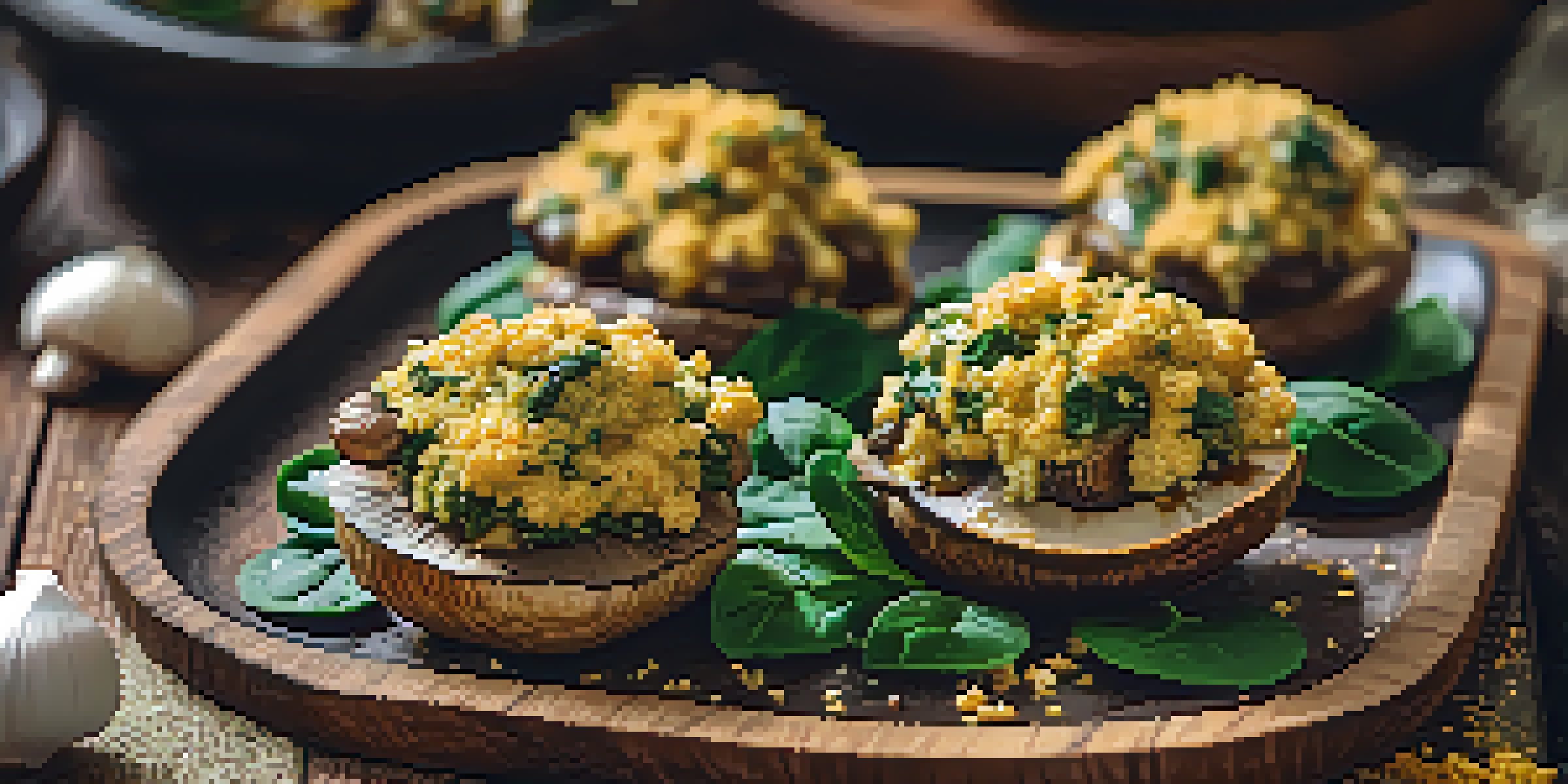 A platter of golden-brown stuffed mushrooms filled with spinach and vegan cream cheese, garnished with nutritional yeast.